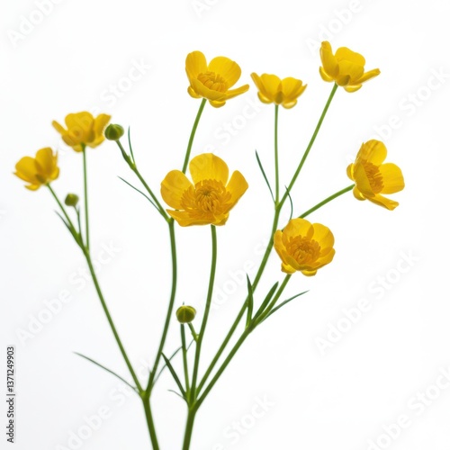 Wallpaper Mural Vibrant yellow buttercups with delicate petals and green stems isolated on a white background Torontodigital.ca