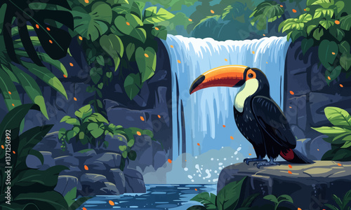 illustration of adorable toucan with black plumage and colorful beak sitting on stone near mighty waterfall in rainforest