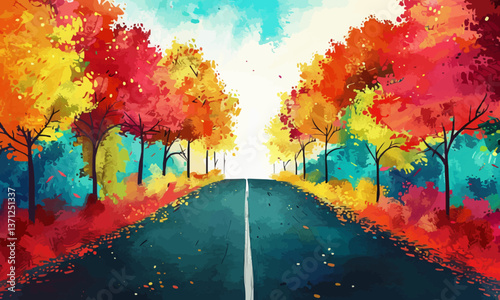 illustration Colorful painted road amidst scenic landscape