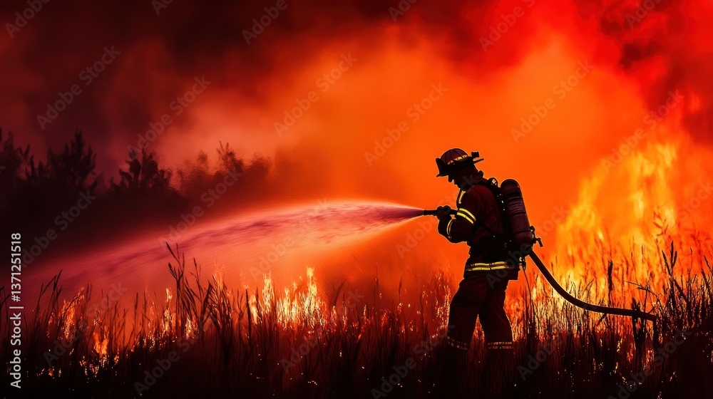 Fototapeta premium Firefighter Battling Intense Wildfire with Hose Silhouette Against Fiery Flames and Smoke