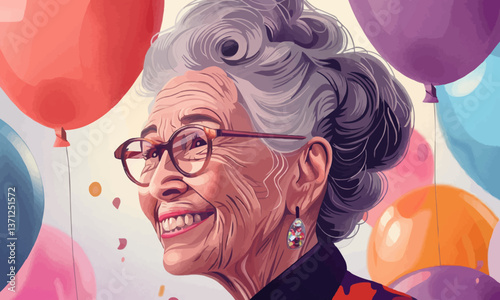 illustration of happy senior woman with gray hair in elegant clothes and eyeglasses smiling and looking at balloons during nerds party