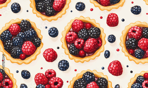 A kitchen pattern featuring colorful berry tartlets or cake. Pastry dessert viewed from above.