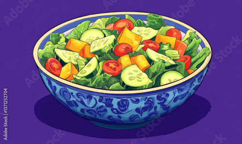 A colorful salad bowl filled with mixed greens cherry tomatoes cucumber carrots and avocado topped with a light and tangy dressing on a deep purple background