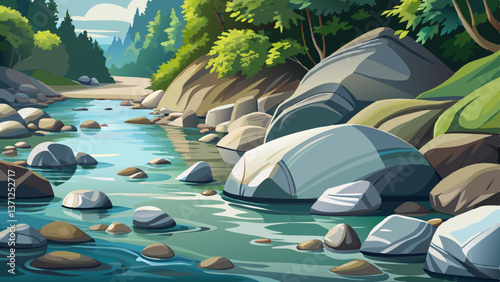 polished river rocks by clear water in green forest illustration cartoon