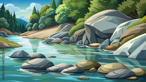 polished river rocks by clear water in green forest illustration cartoon