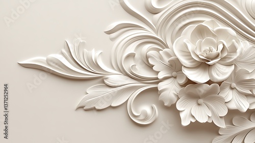 Decorative Floral Relief Carving Depicting Elegant Flowers and Botanical Elements