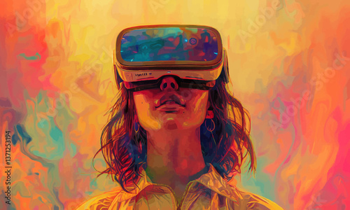 illustration of calm woman in modern VR goggles interacting with virtual reality against colorful abstract background