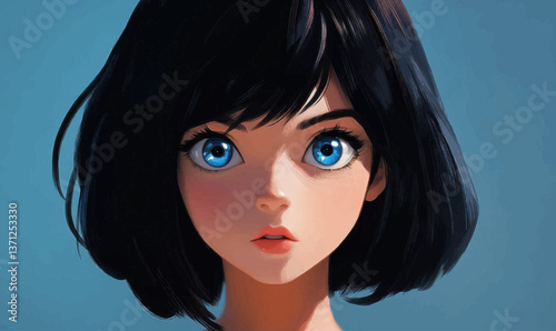 Adorable portrait of a black-haired anime girl with blue eyes.