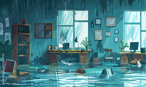 illustration of home office flooded by sea with broken windows and floating furniture in water during stormy weather