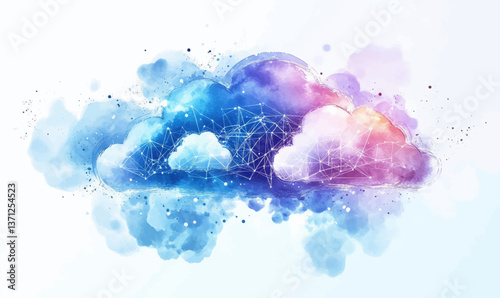 Cloud Computing Network with Watercolor Clouds