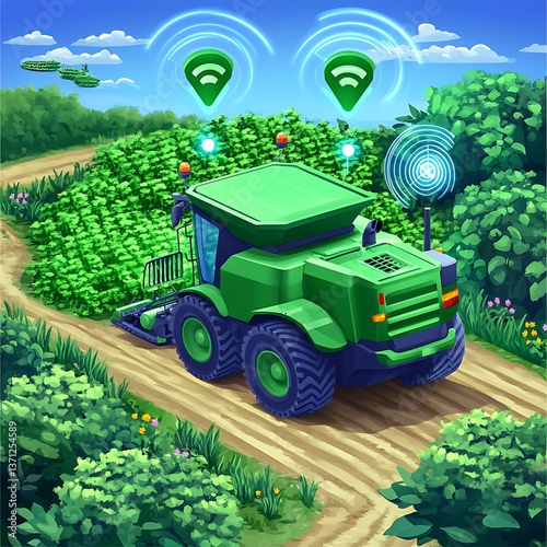 Smart Farm Tractor Harvesting Crops