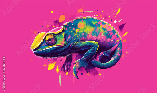 Colorful chameleon blending into pink background