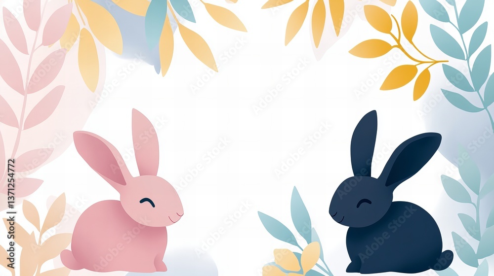 Two stylized bunnies, one pink and one blue, are featured with pastel colored leaves surrounding them on a white background. Two stylized bunnies, one pink and one blue, are featured with pastel colored leaves surrounding them on a white background.