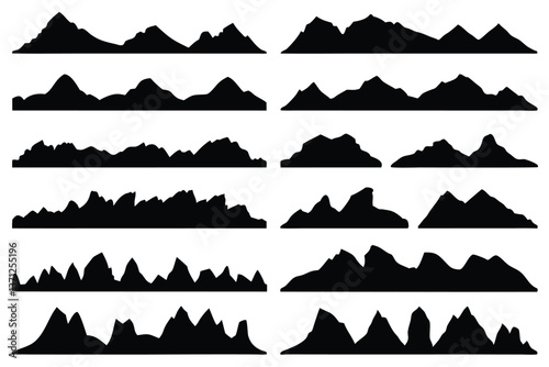 Black rock hill and mountain silhouettes of rocky landscape shapes, vector mount peak icons. Mountain rocks or canyon mount range silhouette for hiking, camping tourism or climbing sport and travel