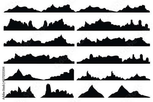 Black rock hill and mountain silhouettes of rocky landscape shapes, vector mount peak icons. Mountain rocks or canyon mount range silhouette for hiking, camping tourism or climbing sport and travel