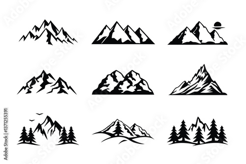 
Mountain icons set silhouette. Hike, travel illustration sign collection. Vector illustration.