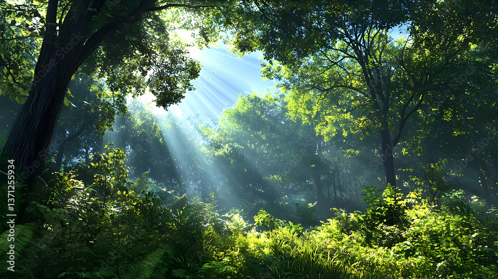 Obraz premium Sunlight Filtering Through Lush Forest Trees