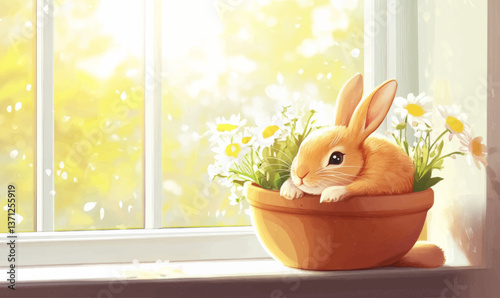 Cute bunny resting in a flower pot on a sunny windowsill