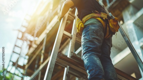 Wallpaper Mural A construction worker securing a ladder to scaffolding at a construction site. Featuring safety and focus Torontodigital.ca