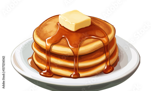 Fluffy pancakes with butter and syrup drizzle on white plate.