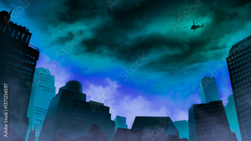 Burning city with skyscrapers black sky destruction and disaster apocalypse. Illustration realism art background.