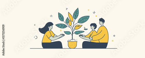 Team collaboration nurturing growth, group cultivating plant, eco-friendly concept vector