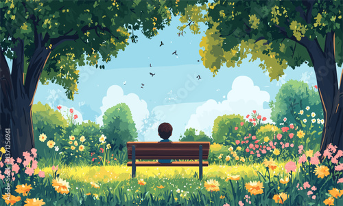 Peaceful park scene with child on bench surrounded by flowers and trees, birds flying - vector