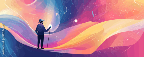 Cosmic journey: person with staff gazing at vibrant abstract universe - vector