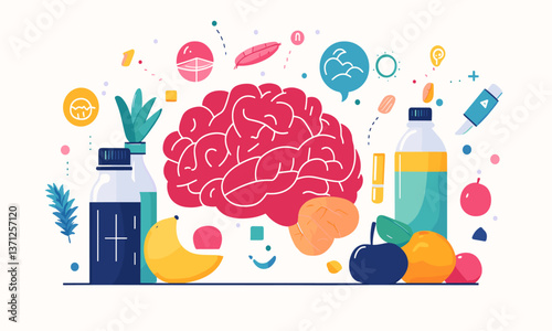 Healthy brain with fruits and vitamins conceptual art - vector