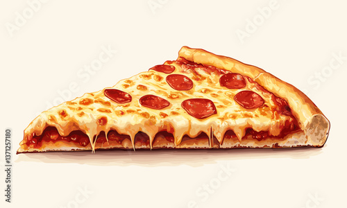 Delicious slice of pepperoni pizza with melting cheese on light background, vector