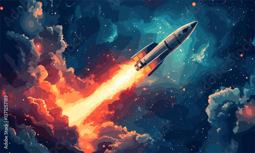 Futuristic rocket launching into outer space with fiery trail and stars - vector