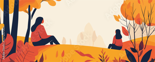 Autumn landscape with two people resting amidst fall foliage vector