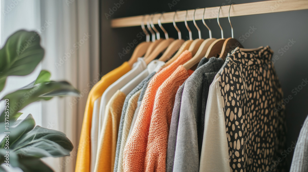 Obraz premium A variety of clothes hanging in a wardrobe, demonstrating a decluttering process with intent to sell.