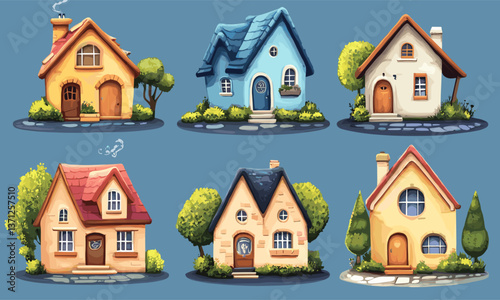 Charming cartoon cottage houses collection on blue background - vector