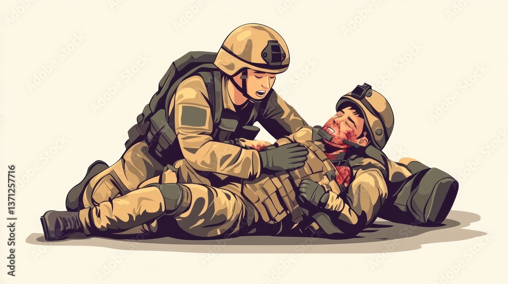 Fototapeta premium Military Personnel Providing First Aid to Injured Soldier in Tactical Gear