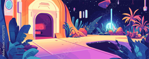 Futuristic space station entrance with lush vegetation and starry night sky, vector