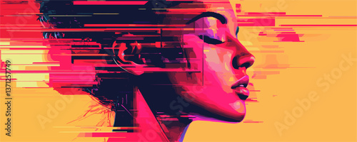 Vibrant abstract portrait of woman's profile with digital glitch effects, vector