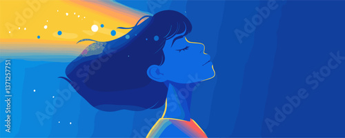 Dreamy woman with flowing hair in blue and yellow abstract art - vector