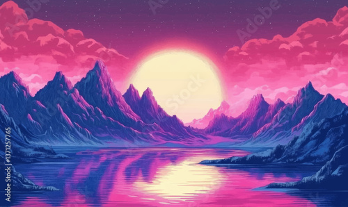 Colorful 2D Fantasy Landscape with Glitch Effects for Mockups and Backgrounds.