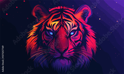Vibrant neon tiger with glowing eyes against starry background, animal art vector