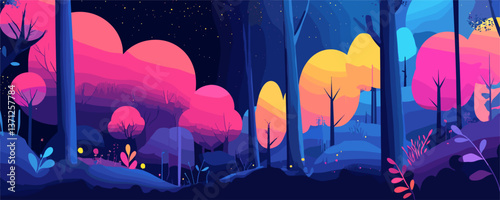 Colorful dreamlike forest with neon trees and starry night sky - vector