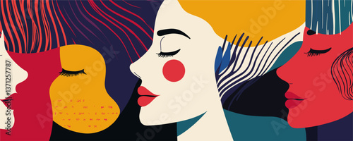 Abstract female faces with bold colors and patterns, side profile portraits - vector
