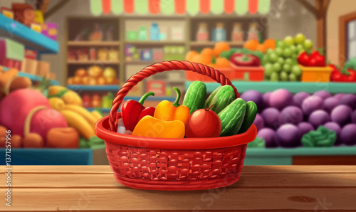 Grocery Shopping Necessities in Red Basket on Wooden Table with Colorful Store Background