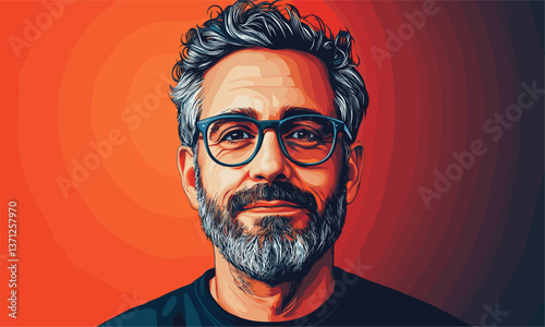 Bearded man with glasses on vibrant gradient background - vector