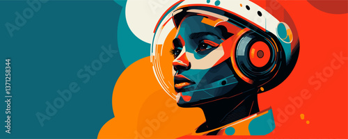 Futuristic female astronaut in colorful helmet with abstract background - vector
