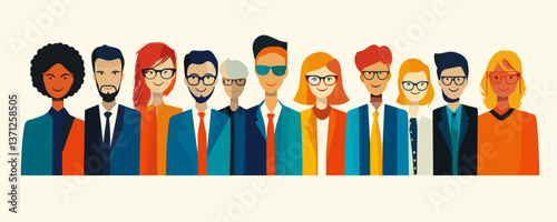 Diverse group of smiling people in colorful attire and glasses standing together, vector
