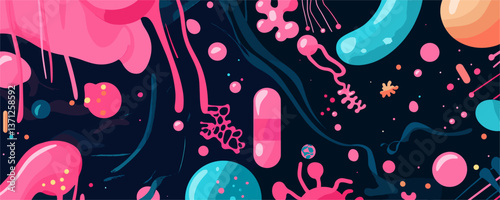 Abstract colorful microorganisms and shapes on dark background pattern - vector
