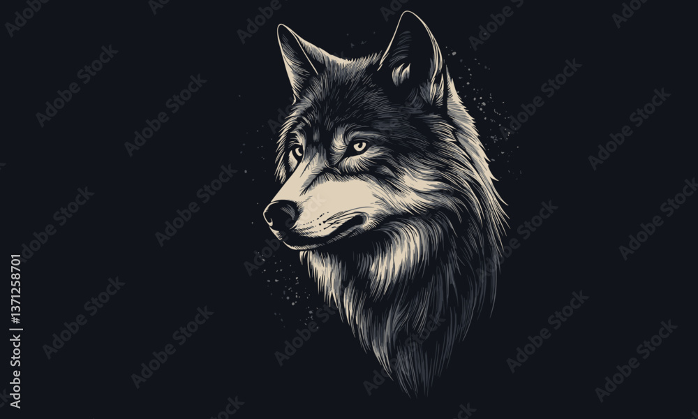 Fototapeta premium Majestic wolf portrait in monochrome style on dark background - vector