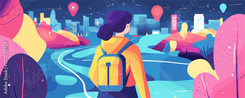 Cityscape adventure: a woman explores the urban landscape with a backpack - vector