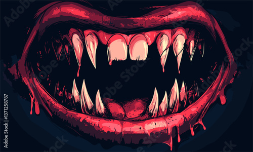Blood-dripping vampire fangs with open mouth in dark background vector